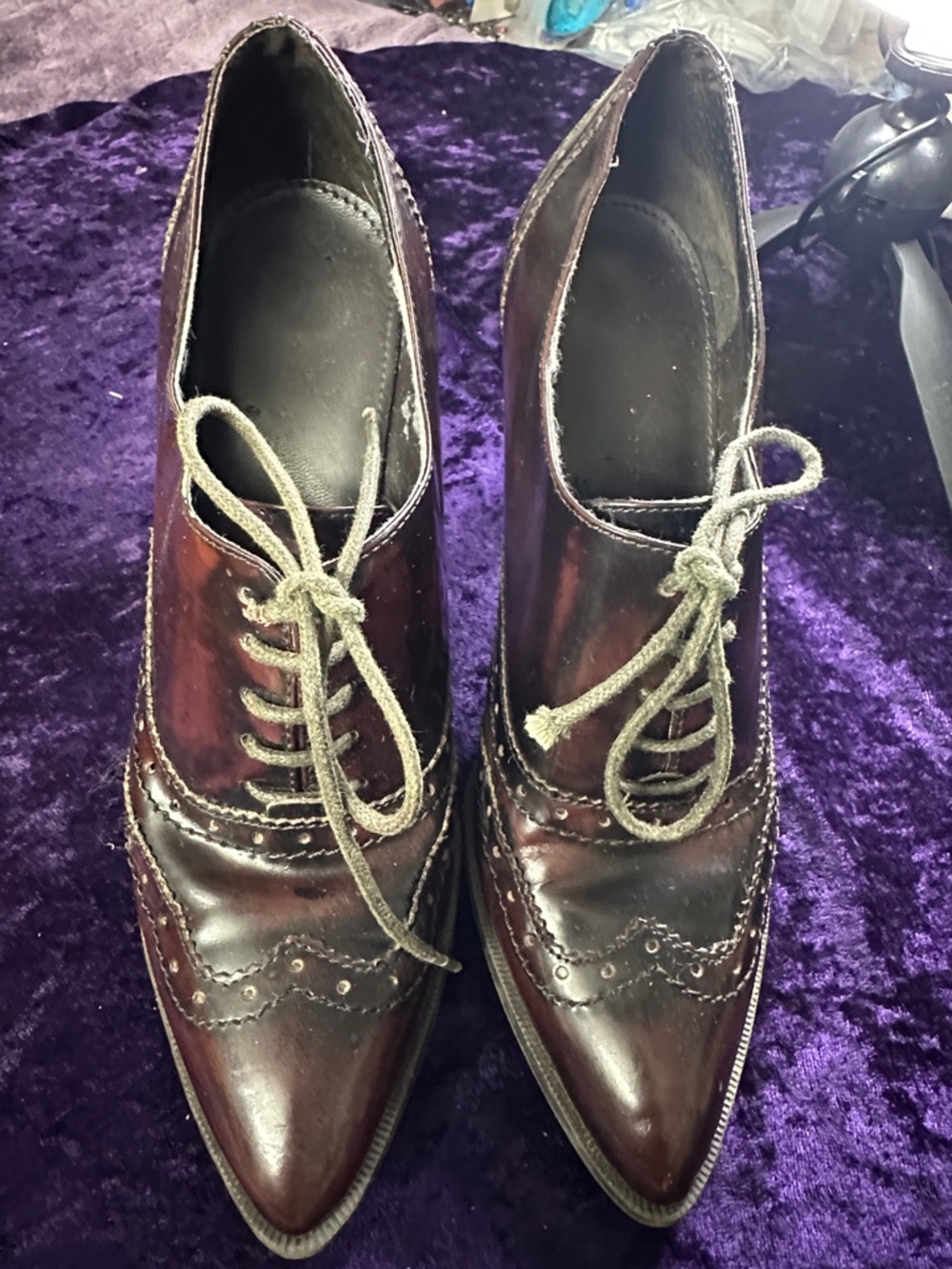 Pointed Toe Wingtip Lace-Up Heels in Deep Burgundy